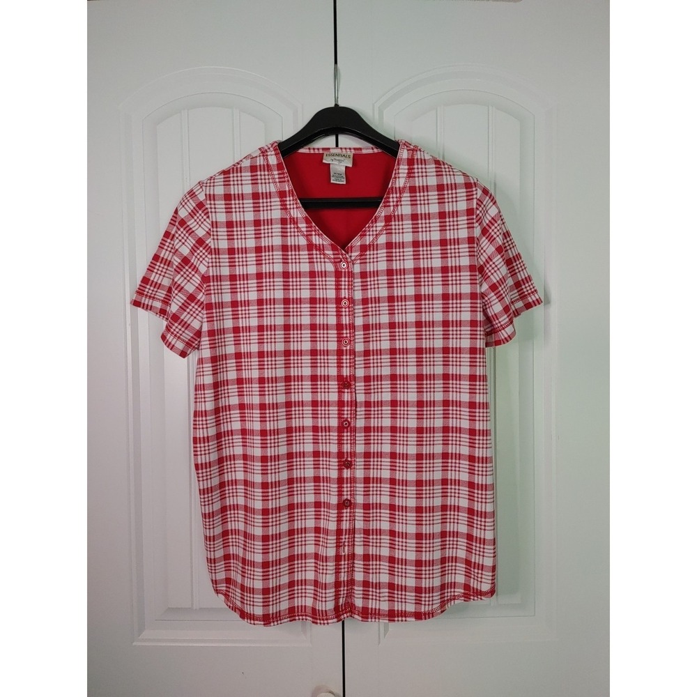 Vtg Essentials By Maggie Red Plaid Button Up Top Women's Size 14/16 Short Sleeve